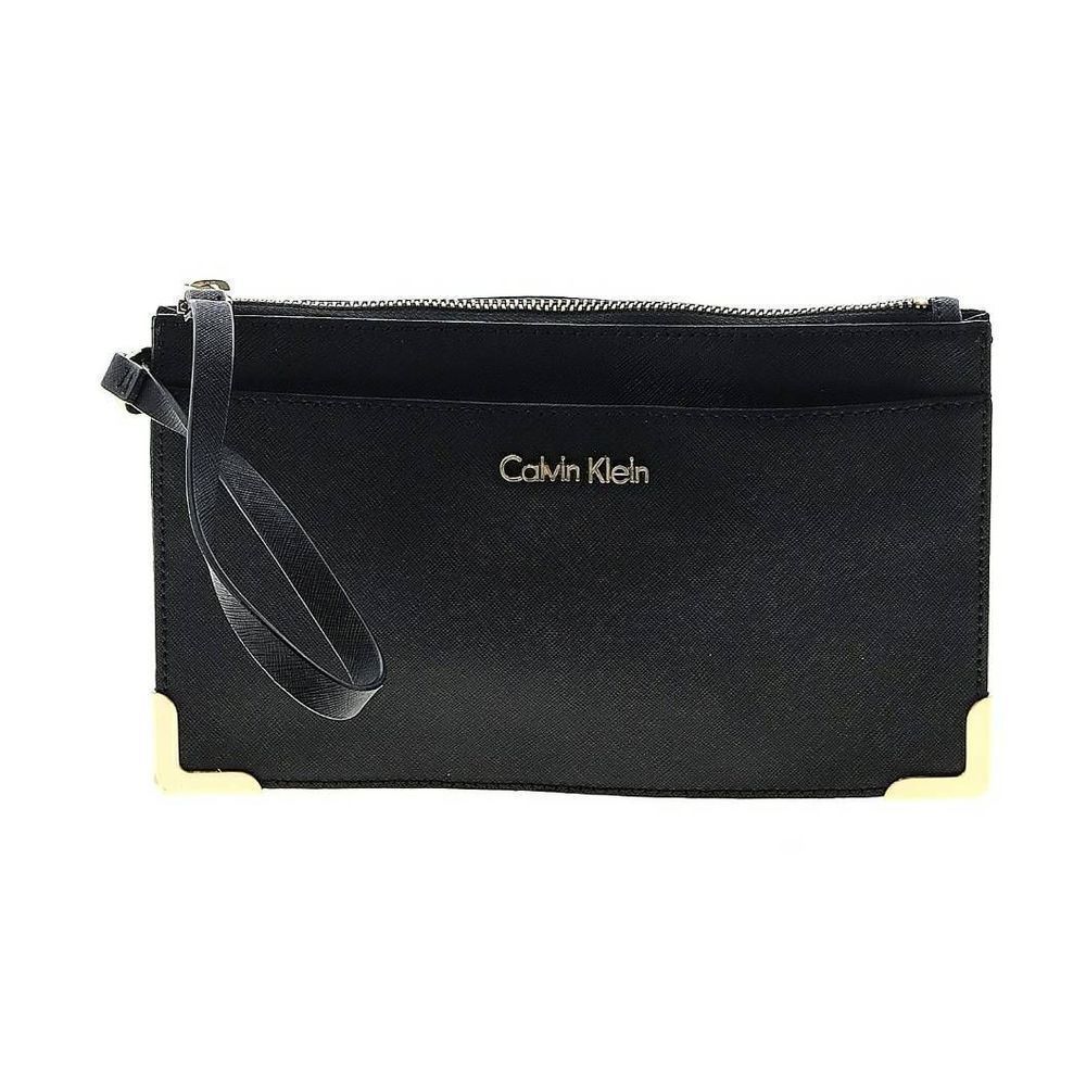 Calvin Klein Black Heavy Gold Accent Corners Wristlet - 9.5" L, 5.75" H, 1" D